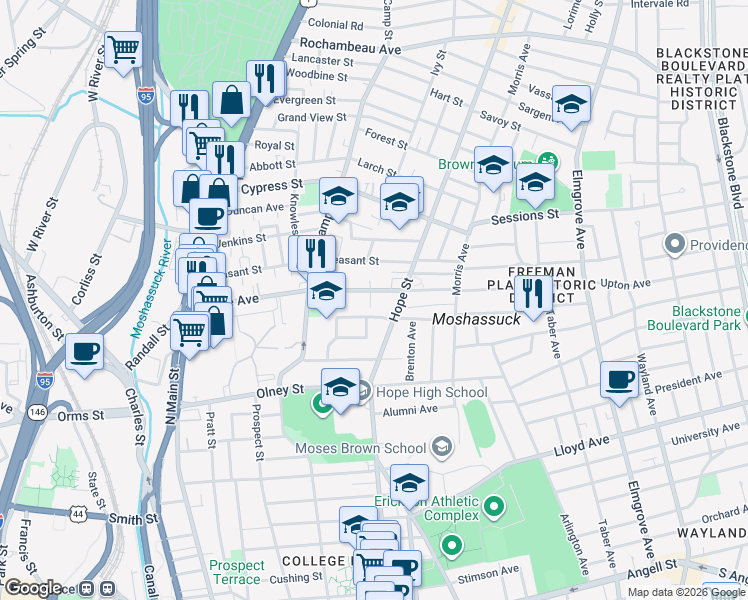 map of restaurants, bars, coffee shops, grocery stores, and more near 2 Proctor Place in Providence