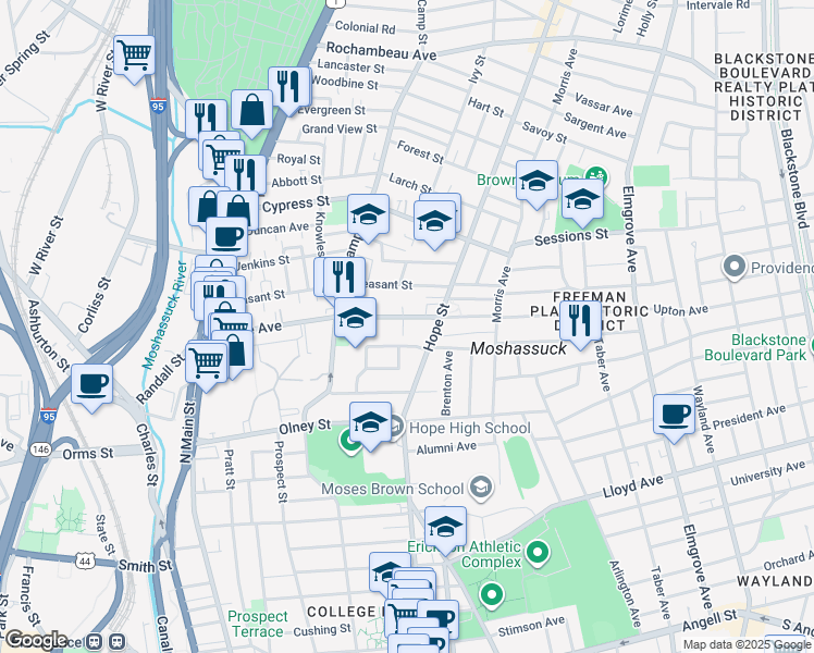 map of restaurants, bars, coffee shops, grocery stores, and more near 216 Howell Street in Providence