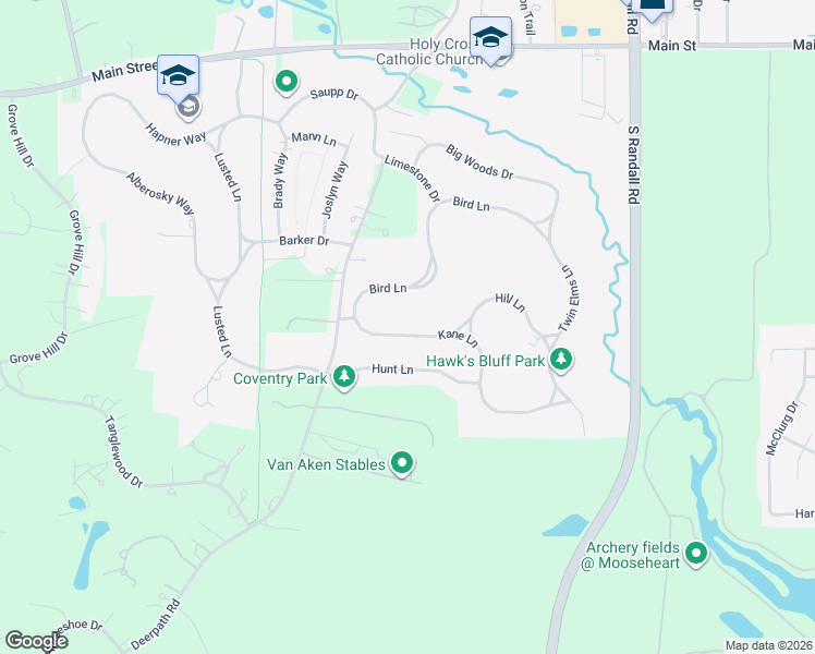 map of restaurants, bars, coffee shops, grocery stores, and more near 2422 Kane Lane in Batavia