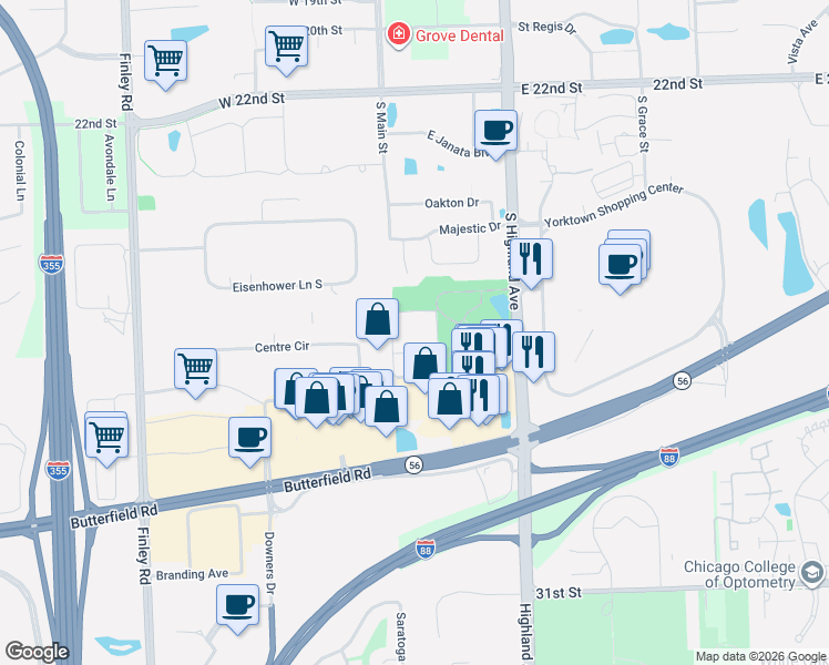 map of restaurants, bars, coffee shops, grocery stores, and more near 2750 South Highland Avenue in Lombard