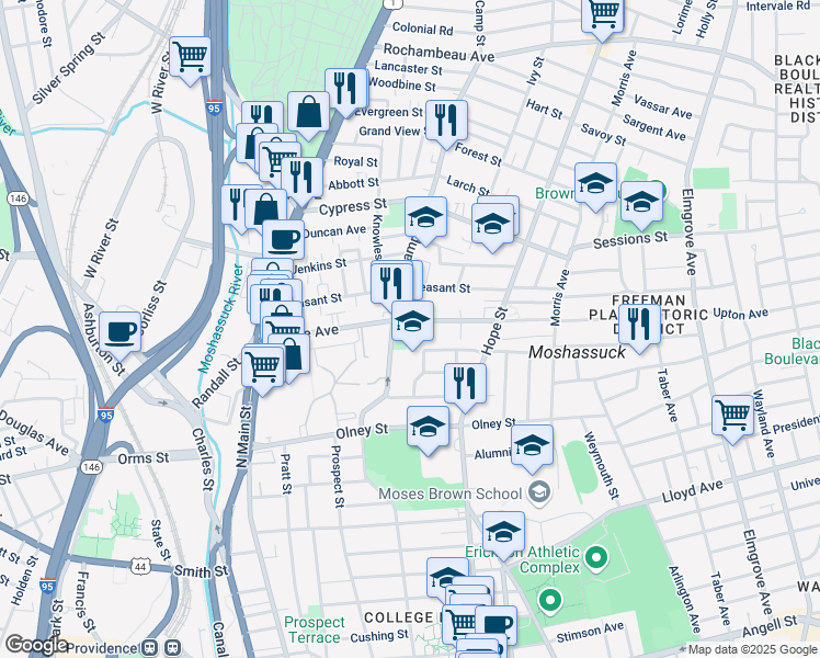 map of restaurants, bars, coffee shops, grocery stores, and more near 121 Doyle Avenue in Providence