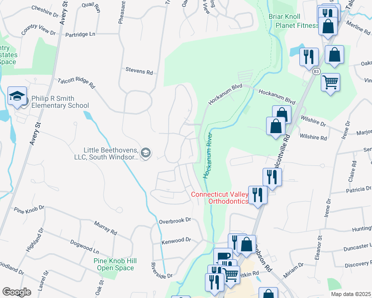 map of restaurants, bars, coffee shops, grocery stores, and more near 75 Hockanum Boulevard in Vernon