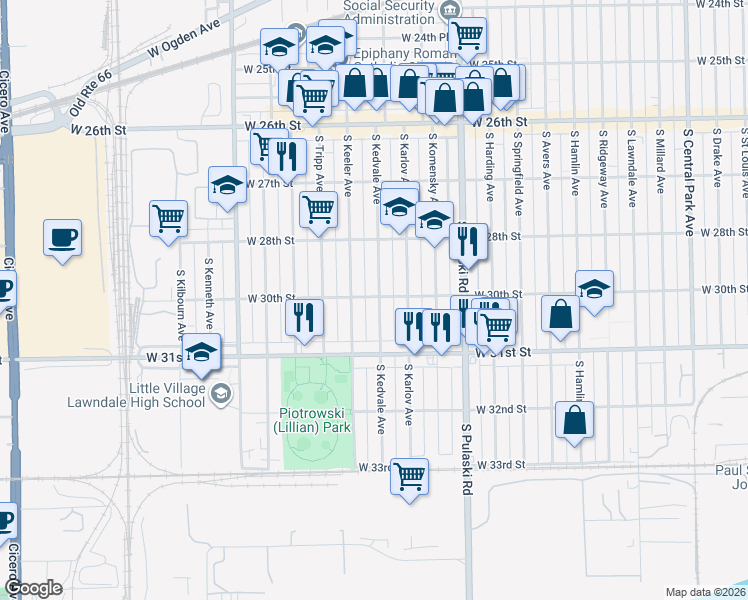 map of restaurants, bars, coffee shops, grocery stores, and more near 3023 South Keeler Avenue in Chicago