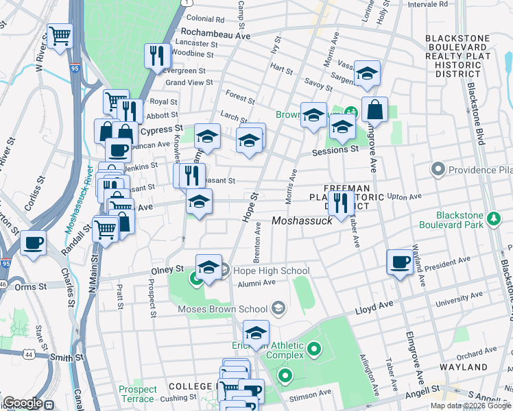 map of restaurants, bars, coffee shops, grocery stores, and more near 12 Montague Street in Providence