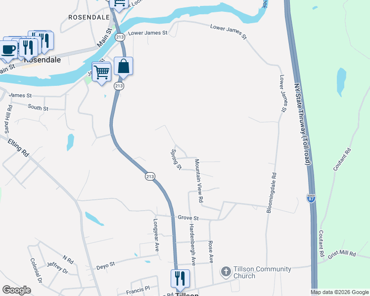 map of restaurants, bars, coffee shops, grocery stores, and more near 166 Mountain View Road in Tillson
