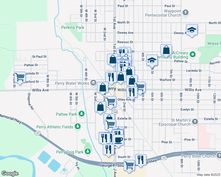 map of restaurants, bars, coffee shops, grocery stores, and more near in Perry