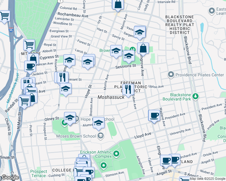 map of restaurants, bars, coffee shops, grocery stores, and more near 15 Abbottsford Court in Providence