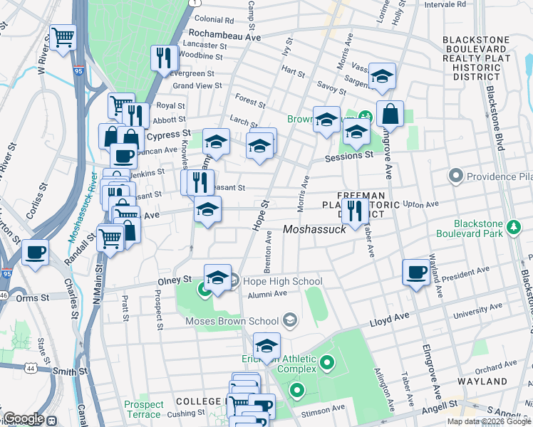 map of restaurants, bars, coffee shops, grocery stores, and more near 12 Montague Street in Providence