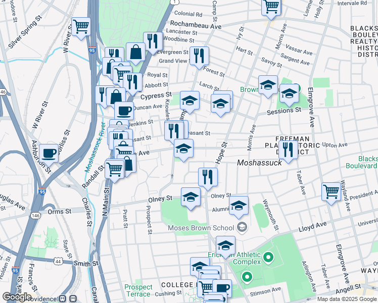 map of restaurants, bars, coffee shops, grocery stores, and more near 177 Howell Street in Providence