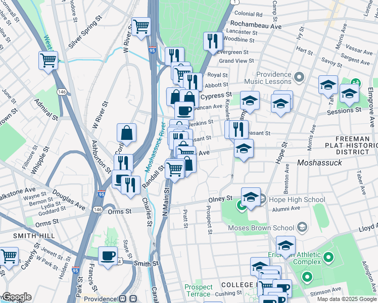 map of restaurants, bars, coffee shops, grocery stores, and more near 601 North Main Street in Providence