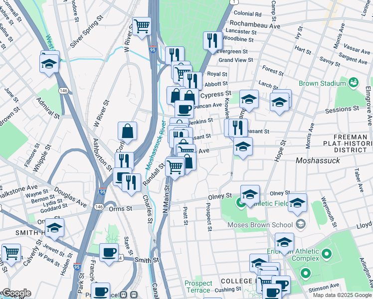 map of restaurants, bars, coffee shops, grocery stores, and more near 649 North Main Street in Providence