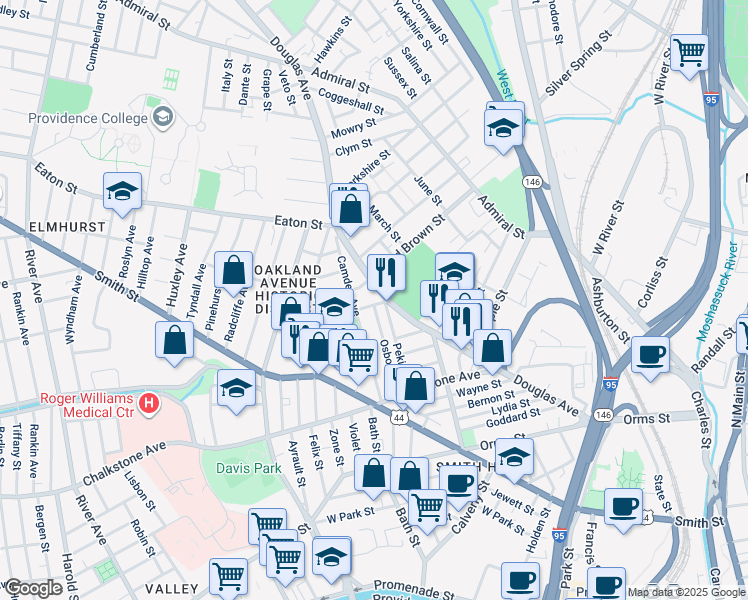 map of restaurants, bars, coffee shops, grocery stores, and more near 65 Osborn Street in Providence