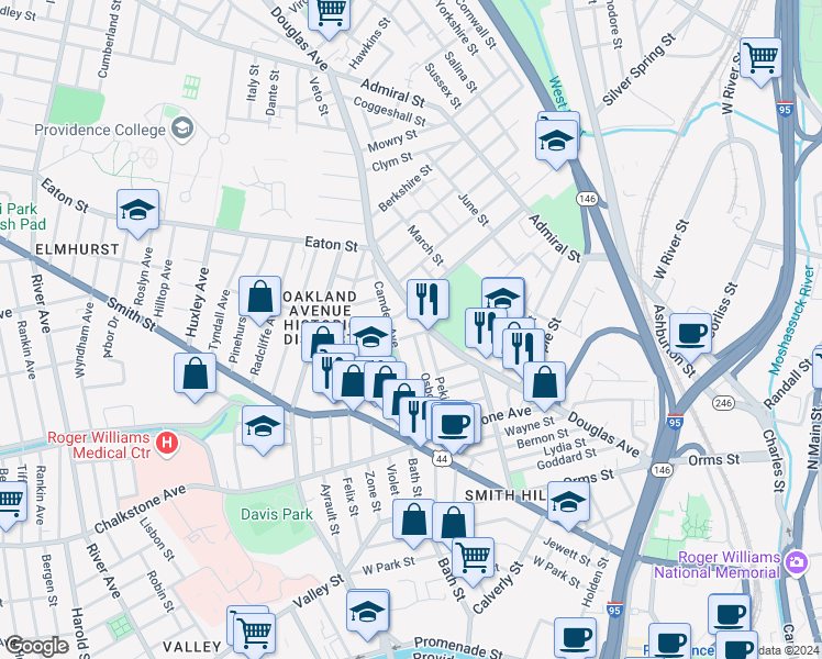 map of restaurants, bars, coffee shops, grocery stores, and more near 65 Osborn Street in Providence