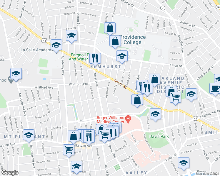 map of restaurants, bars, coffee shops, grocery stores, and more near 40 Arbor Drive in Providence