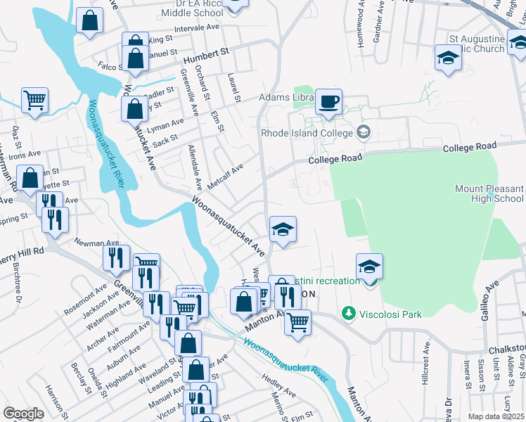map of restaurants, bars, coffee shops, grocery stores, and more near 150 Fruit Hill Avenue in Providence