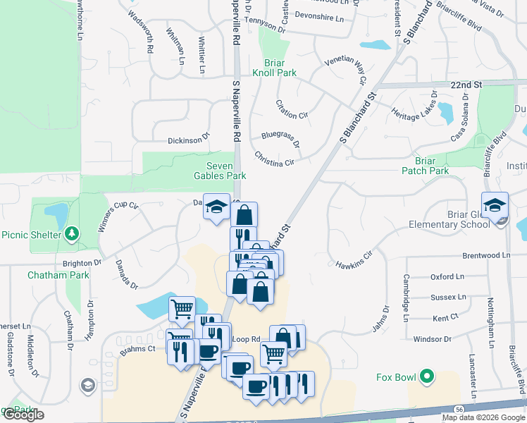 map of restaurants, bars, coffee shops, grocery stores, and more near 1766 South Blanchard Street in Wheaton