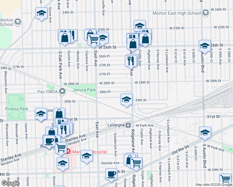 map of restaurants, bars, coffee shops, grocery stores, and more near 6444 28th Place in Berwyn