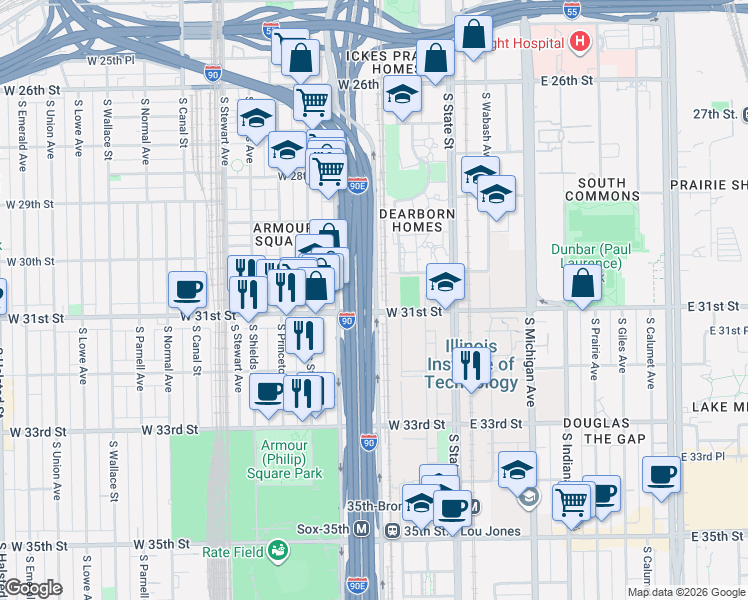 map of restaurants, bars, coffee shops, grocery stores, and more near 2825 South La Salle Street in Chicago