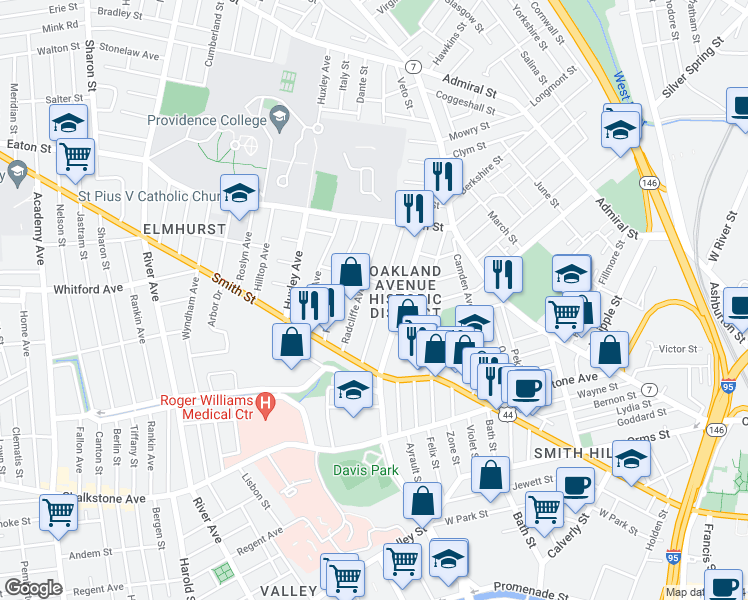 map of restaurants, bars, coffee shops, grocery stores, and more near 76 Pembroke Avenue in Providence