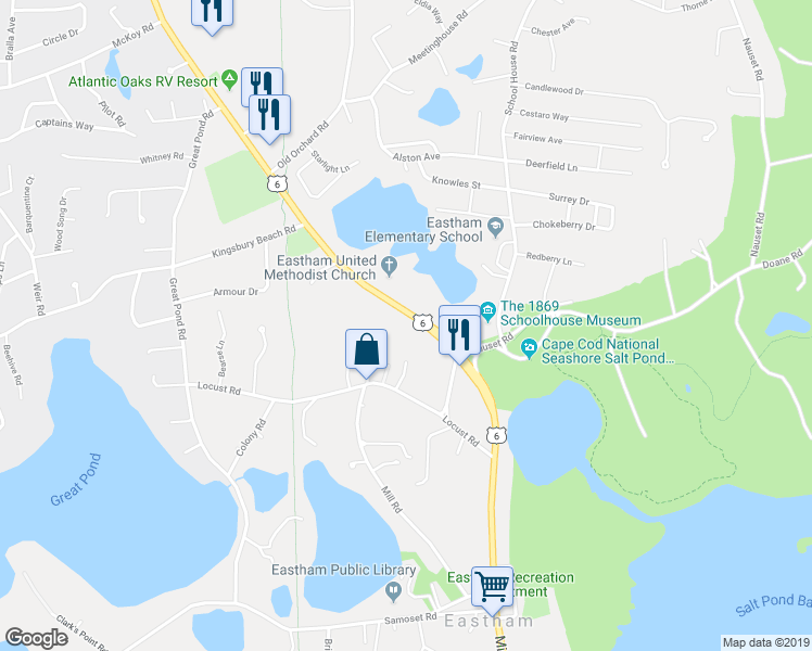 map of restaurants, bars, coffee shops, grocery stores, and more near 5 Walters Way in Eastham