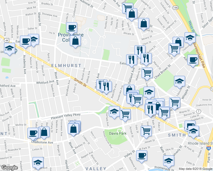 map of restaurants, bars, coffee shops, grocery stores, and more near 50 Pinehurst Avenue in Providence