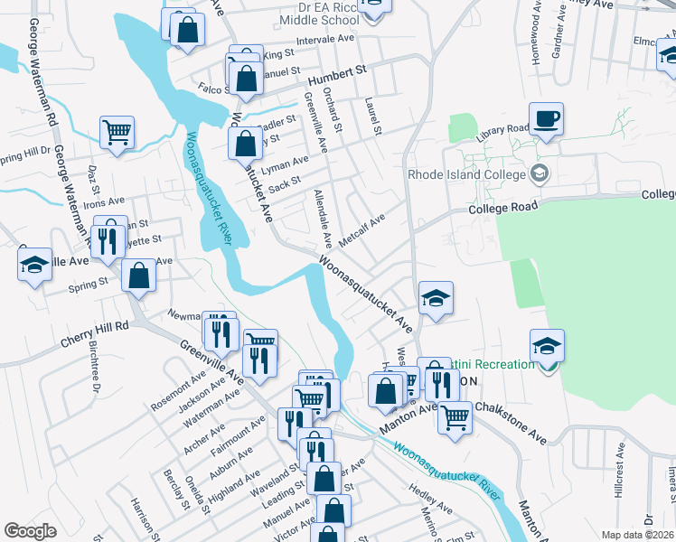 map of restaurants, bars, coffee shops, grocery stores, and more near 101 Woonasquatucket Avenue in North Providence