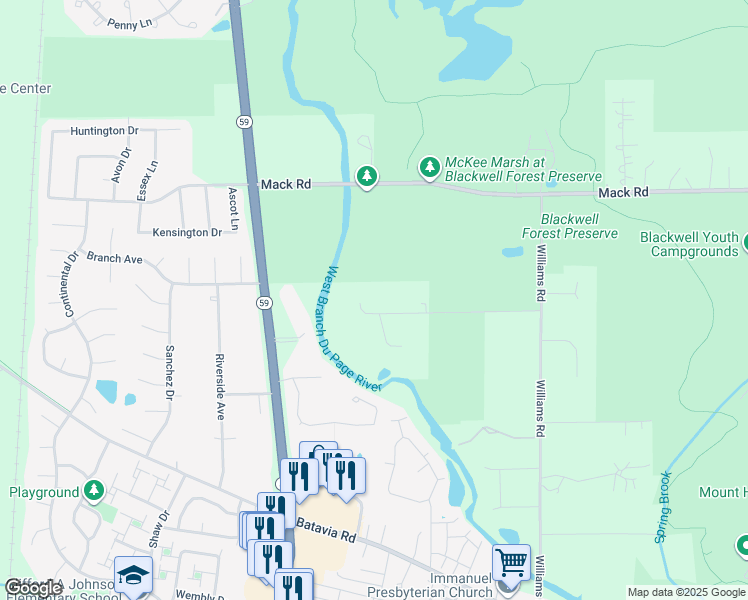 map of restaurants, bars, coffee shops, grocery stores, and more near 29W512 Forestview Drive in Warrenville