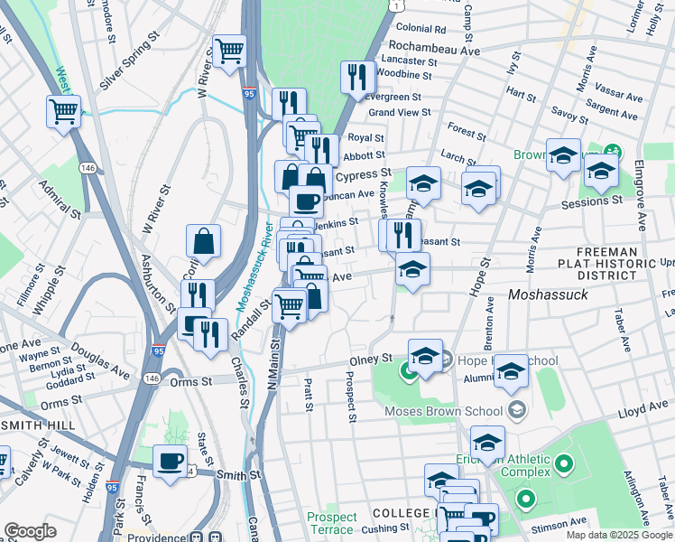 map of restaurants, bars, coffee shops, grocery stores, and more near 601 North Main Street in Providence