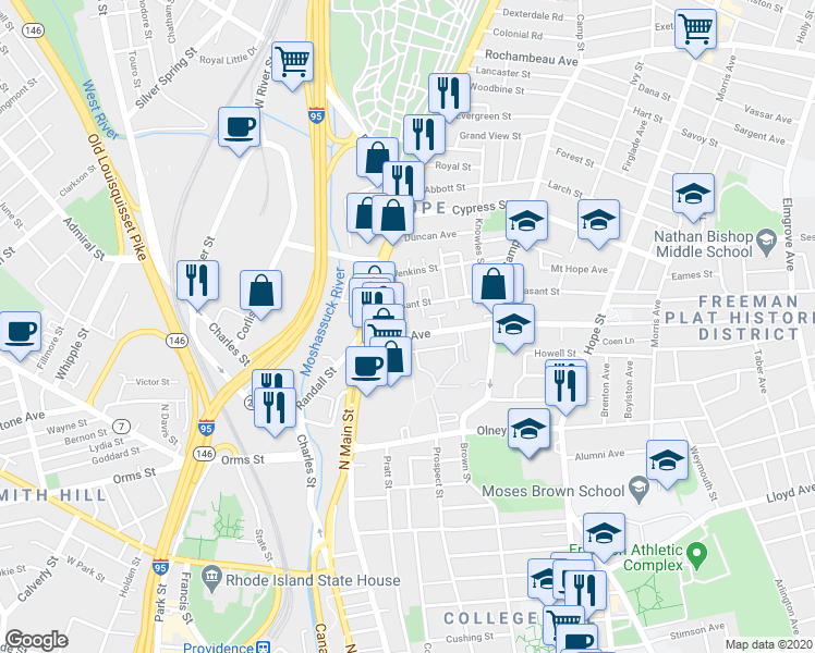 map of restaurants, bars, coffee shops, grocery stores, and more near 601 North Main Street in Providence