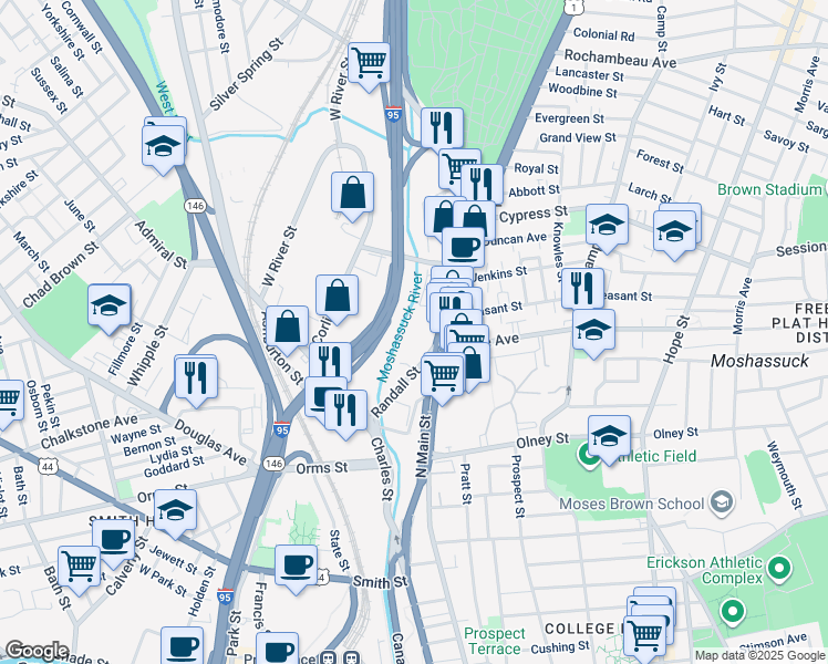 map of restaurants, bars, coffee shops, grocery stores, and more near 50 Randall Street in Providence