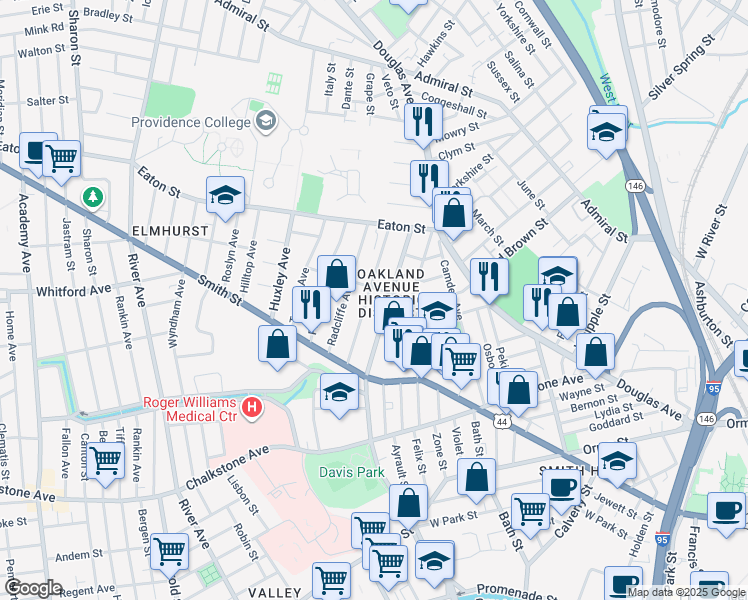 map of restaurants, bars, coffee shops, grocery stores, and more near 120 Oakland Avenue in Providence