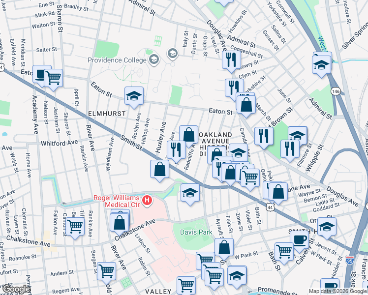 map of restaurants, bars, coffee shops, grocery stores, and more near 41 Radcliffe Avenue in Providence