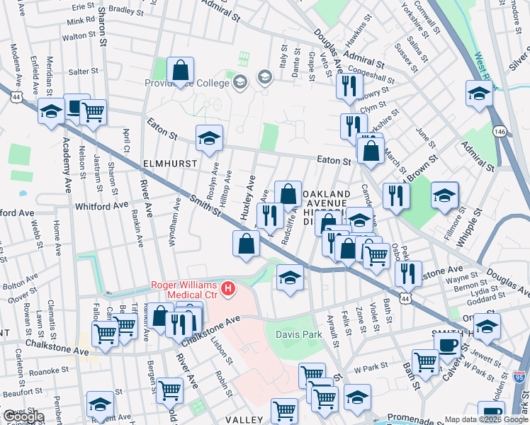 map of restaurants, bars, coffee shops, grocery stores, and more near 24 Pinehurst Avenue in Providence