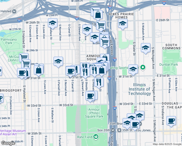 map of restaurants, bars, coffee shops, grocery stores, and more near 311 West 31st Street in Chicago
