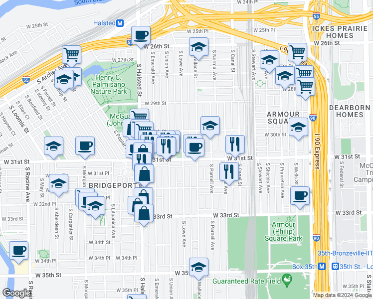 map of restaurants, bars, coffee shops, grocery stores, and more near 615 West 31st Street in Chicago
