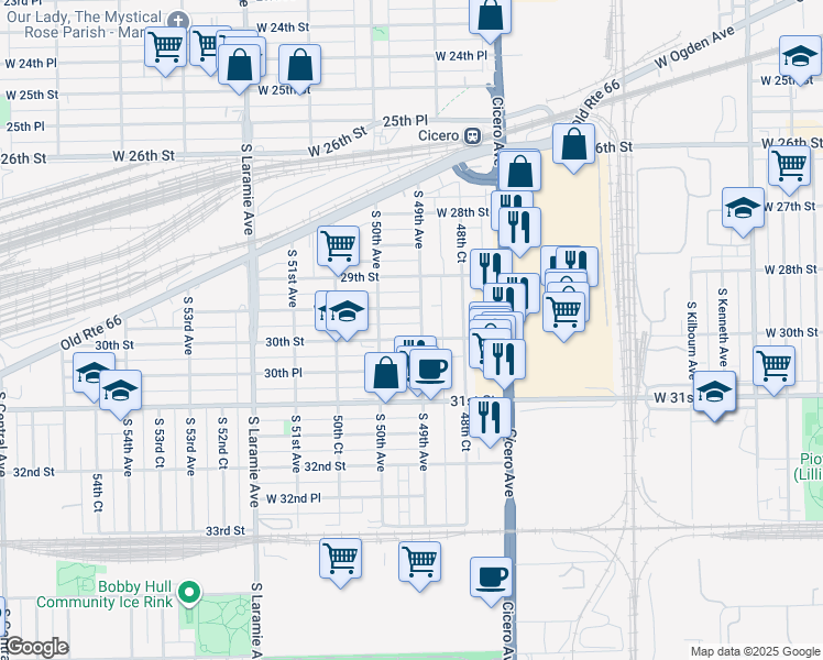 map of restaurants, bars, coffee shops, grocery stores, and more near 3009 South 49th Avenue in Cicero