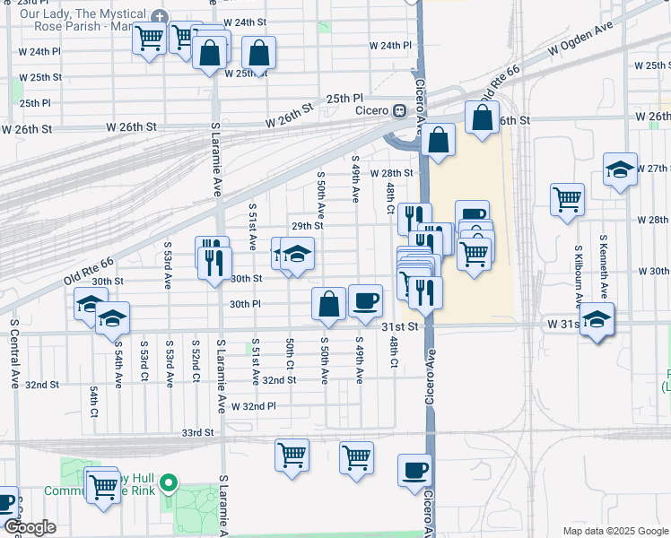 map of restaurants, bars, coffee shops, grocery stores, and more near 4929 West 30th Street in Cicero