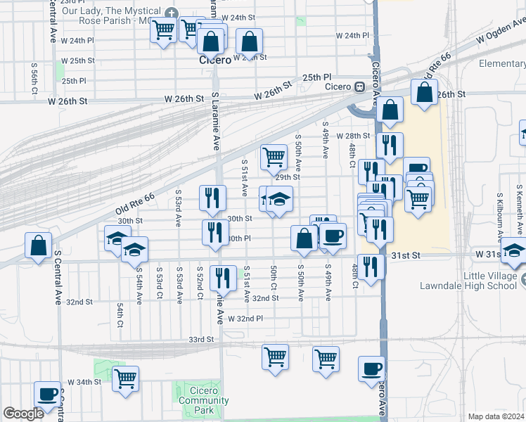 map of restaurants, bars, coffee shops, grocery stores, and more near 5059 West 30th Street in Cicero