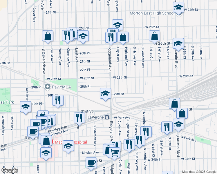 map of restaurants, bars, coffee shops, grocery stores, and more near 2847 Ridgeland Avenue in Berwyn