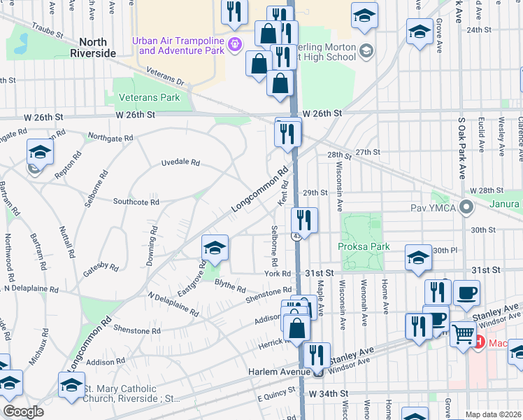 map of restaurants, bars, coffee shops, grocery stores, and more near 463 Kent Road in Riverside