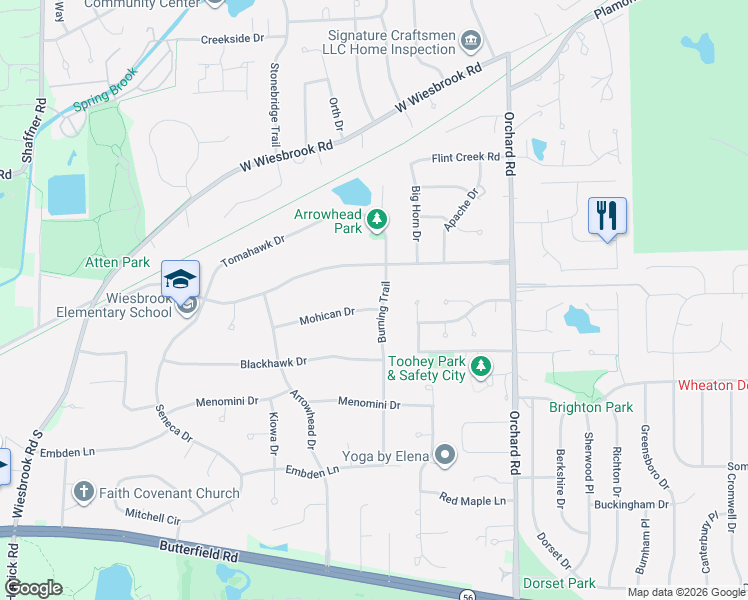 map of restaurants, bars, coffee shops, grocery stores, and more near 26W051 Mohican Drive in Wheaton