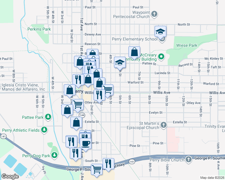 map of restaurants, bars, coffee shops, grocery stores, and more near 1401 Willis Avenue in Perry