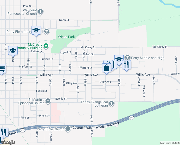 map of restaurants, bars, coffee shops, grocery stores, and more near 1017 16th Street in Perry