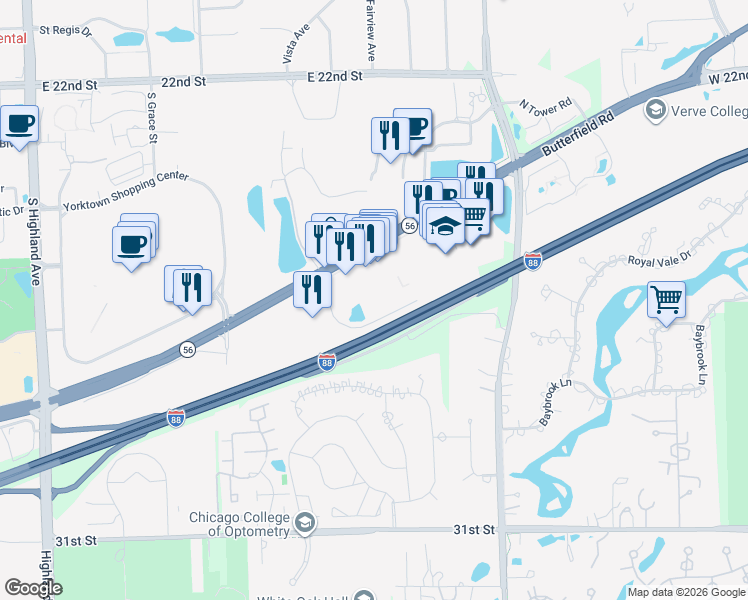 map of restaurants, bars, coffee shops, grocery stores, and more near 2701 Technology Drive in Lombard