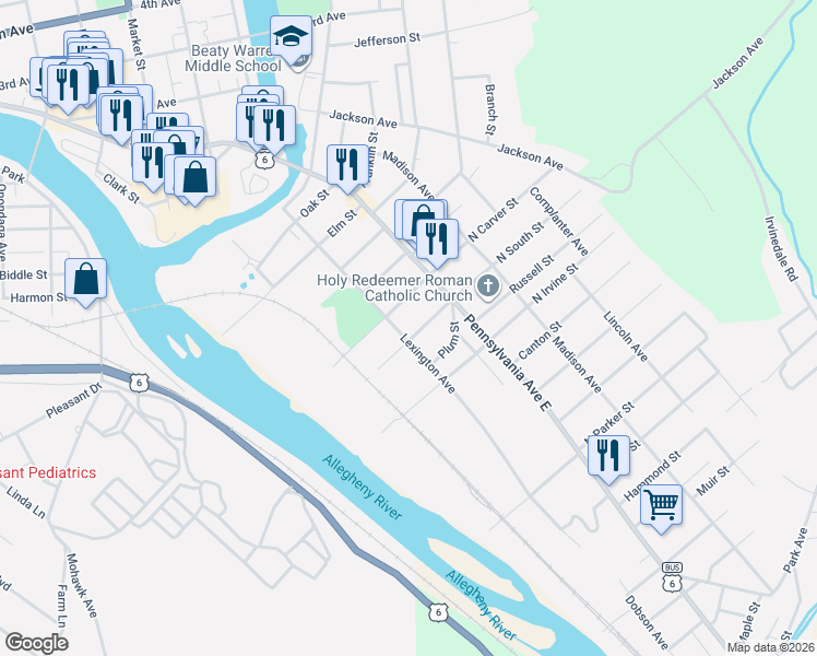 map of restaurants, bars, coffee shops, grocery stores, and more near 18-20 South Carver Street in Warren