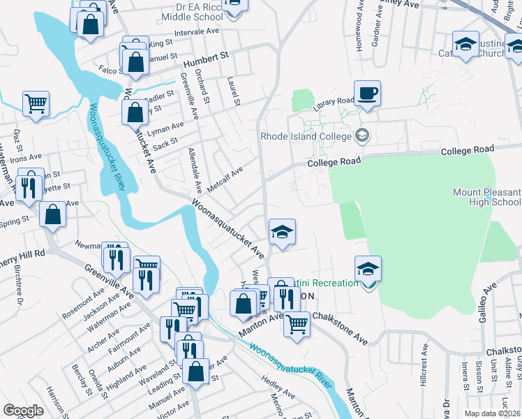 map of restaurants, bars, coffee shops, grocery stores, and more near 196 Fruit Hill Avenue in North Providence