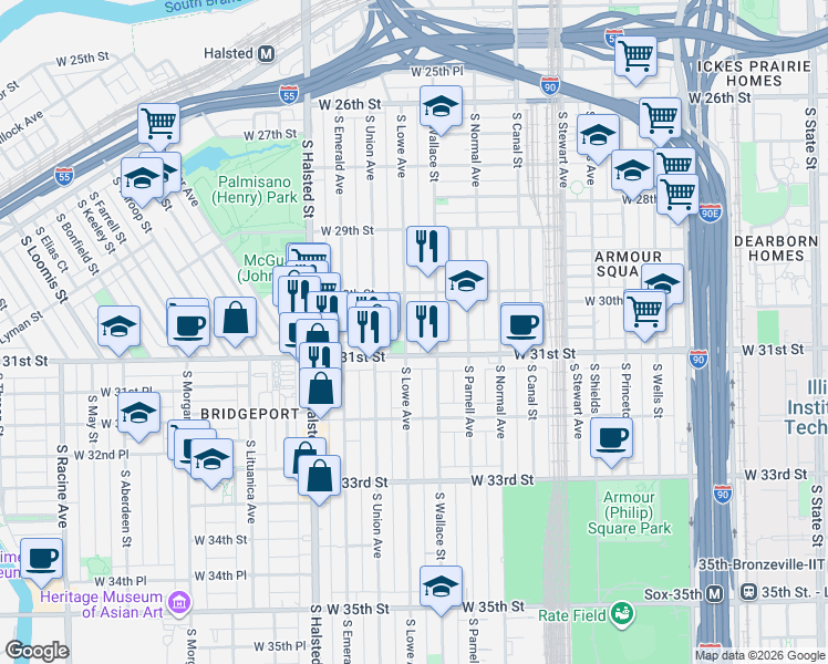 map of restaurants, bars, coffee shops, grocery stores, and more near 3012 South Wallace Street in Chicago