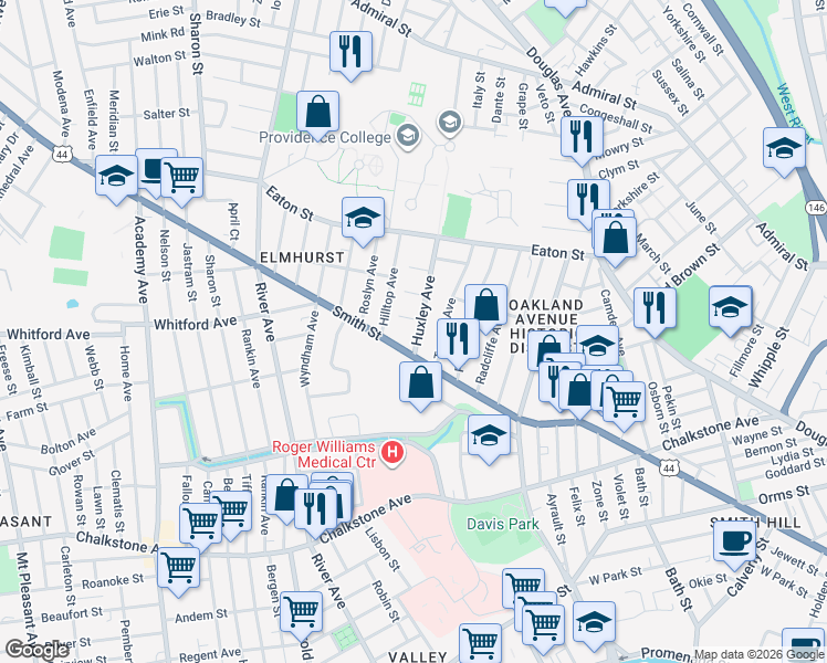 map of restaurants, bars, coffee shops, grocery stores, and more near 50 Huxley Avenue in Providence