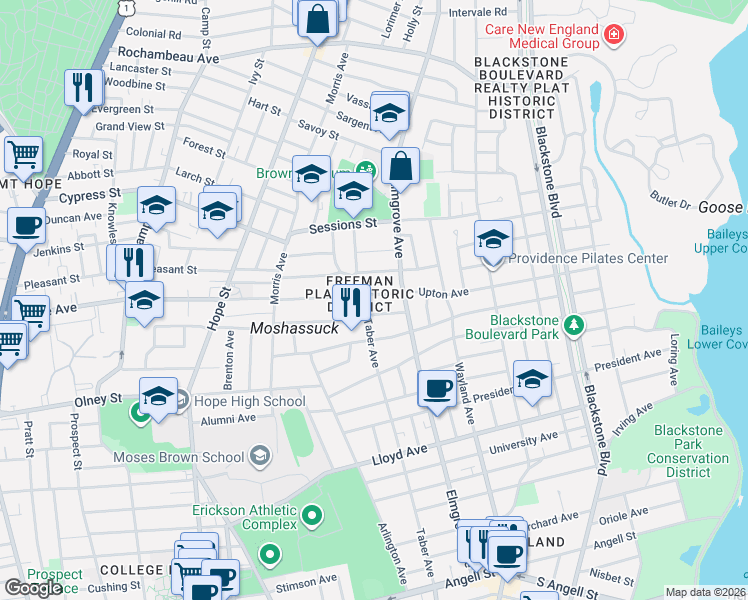map of restaurants, bars, coffee shops, grocery stores, and more near 331 Doyle Avenue in Providence
