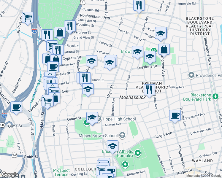 map of restaurants, bars, coffee shops, grocery stores, and more near Hope Street in Providence